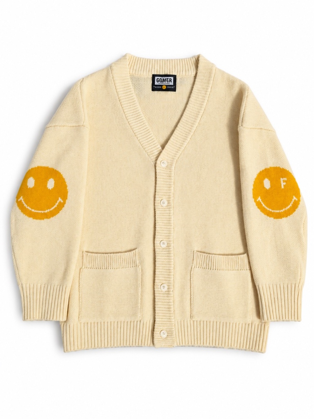 Graver of Anaheim Smiley Cardigan Cream Yellow Elbow Patch Sweater